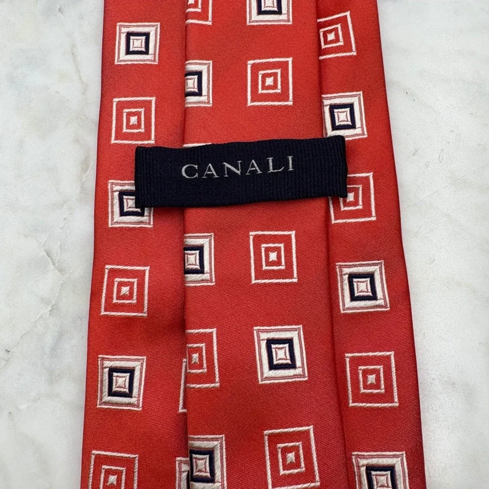 Canali Red Silk Geometric Square Pattern Stripe Mens Neck Tie Italy FLAW 3.75x61